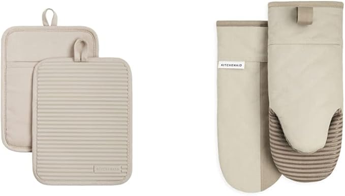 KitchenAid Ribbed Soft Silicone Water Resistant Pot Holder Set, Milkshake, 2 Piece Set & Beacon Non-Slip Oven Mitt Set, Milkshake/Beige, 2 Piece Set