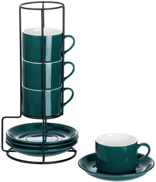 Espresso Cups Set of 4, 4oz Stackable Coffee Cups with Saucers and Metal Stand, Green Demitasse Cups, Expresso Shots Cup Set