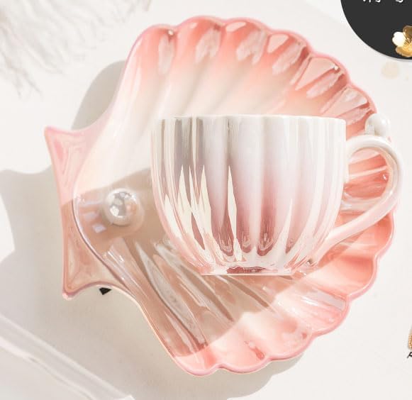 Pearl Shell Ceramic Coffee Mug with Coaster Set for Tea Latte Milk Cute Cup with Saucer for Home Office Women Gift 6.5 oz (Shell Gradient Pink, 240 ml)