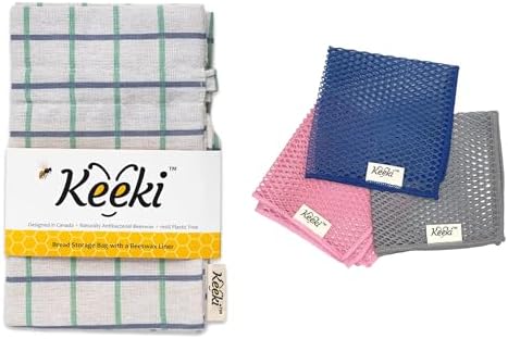 Reusable Beeswax Lined Bread Bag (Blue) & Non-Scratch Mesh Cleaning Cloth – Bread Storage & Kitchen Cleanup Bundle – 2-Piece Set