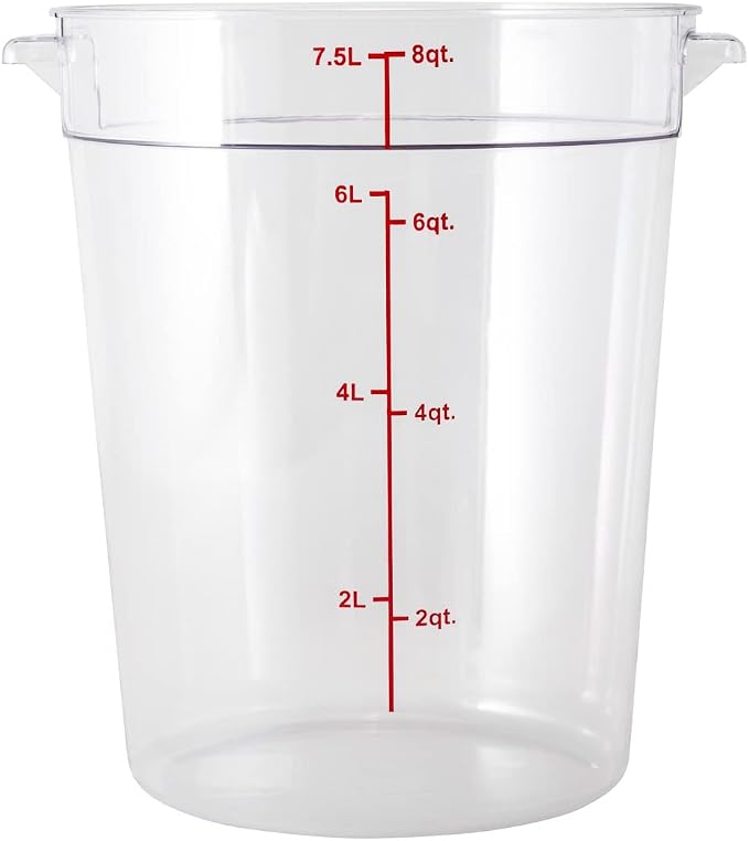Restaurantware Met Lux 8 Quart Food Storage Container, 1 Round Commercial Storage Container - Lid Sold Separately, With Volume Markers, Clear Plastic Food Prep Bucket, Space-Saving Storage