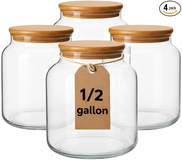 kitchentoolz 1/2 Gallon Mason Jar - Borosilicate Half Gallon Mason Jars Large - 64oz Wide Mouth Big Storage with Wooden Lid - Half Gallon Glass Jar - 4 Pack