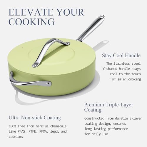 Healthy Ceramic Nonstick Cookware Set-11″ 4.5qt Non-Toxic Ceramic Sauté Pan w/ Lid & 10″ Nonstick Ceramic Frying Skillet, PTFE/PFOA/PFAS Free, Oven & Dishwasher Safe, All Cooktops Compatible, Even Hea