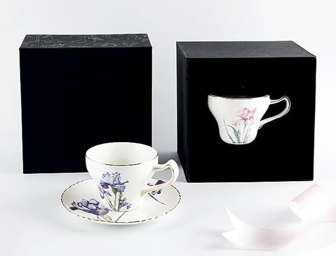 Bone China Tea Cup Set with Saucer and Spoon, 3 Piece, 7oz, Cappuccino and Latte Cups, Porcelain, British Style, Mother's Day Gift (Purple Iris)