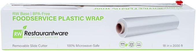 Restaurantware RW Base 18 Inch x 2000 Feet Cling Wrap 1 Roll Microwavable Cling Film - With Removable Slide-Cutter Clear Plastic Food Wrapping Film Securely Seal And Keep Food Fresh