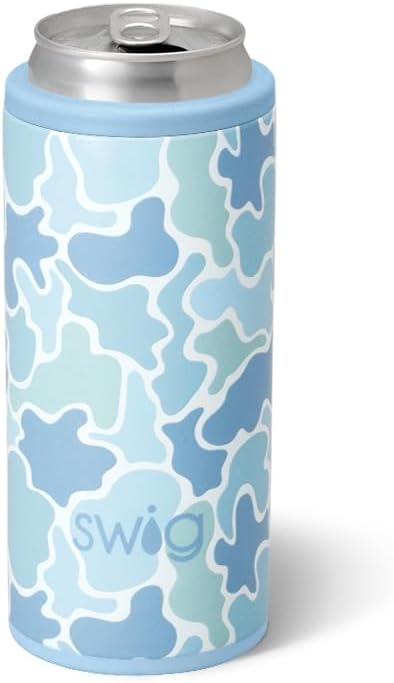 Swig Life Skinny Can Cooler, 12oz Insulated Slim Can Holder, Stainless Steel Cans Cooler, Covers for Tall Beer Bottles, Beach Accessories for Women (Saltwater Camo)