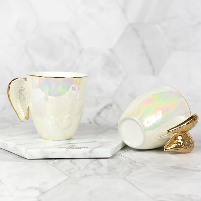 Pearl Ceramic Coffee Mug for Tea Latte Milk Cute Love Shape Cup for Home Office Women Gift 6.5 oz (golden angel, 220 ml)