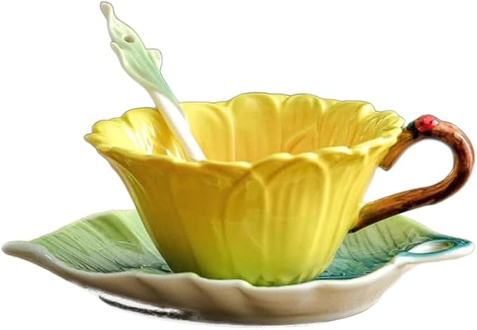 Sunflower Tea Cup and Saucer Set 6 Oz, Enamel Flower Porcelain Coffee Cup Saucer Set with Spoon for Women, Hand Crafted Tea Set (Sunflower)
