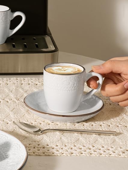 famiware Espresso Cups and Saucers Set of 4, 3 oz Ceramic Small Coffee Mug with Handle, Embossed Stoneware Demitasse Cup for Tea, Latte - Microwave & Dishwasher Safe - White Flower