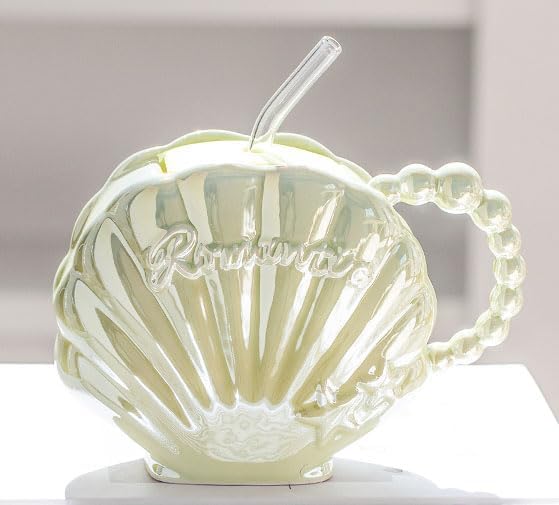 Pearl Shell Ceramic Coffee Mug with Coaster Set for Tea Latte Milk Cute Cup with Saucer for Home Office Women Gift 6.5 oz (Shell with Straw Green, 450 ml)