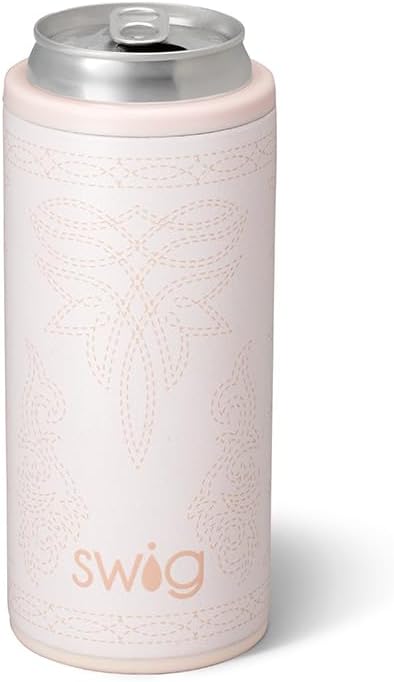 Swig Life Skinny Can Cooler, 12oz Insulated Slim Can Holder, Stainless Steel Cans Cooler, Covers for Tall Beer Bottles, Beach Accessories for Women (Saddle Stitch Cream)