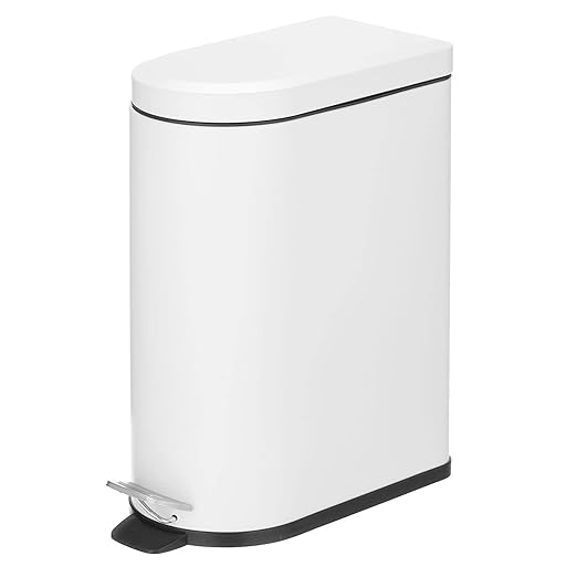 mDesign 10 Liter/2.6 Gallon Stainless Steel Metal Step Trash Can Garbage Bin for Bathroom, Bedroom, Home Office - D-Shape Trashcan with Foot Pedal/Lid, Removable Liner Bucket with Handles, White