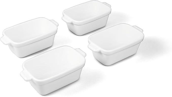 Souper Cubes Ceramic Baking Dishes - 5" x 3" Individual Baking Dishes for Oven with Silicone Lids, Oven, Microwave and Air Fryer Safe, Perfect for Reheating Single Serve Meals, Set of 4 - White