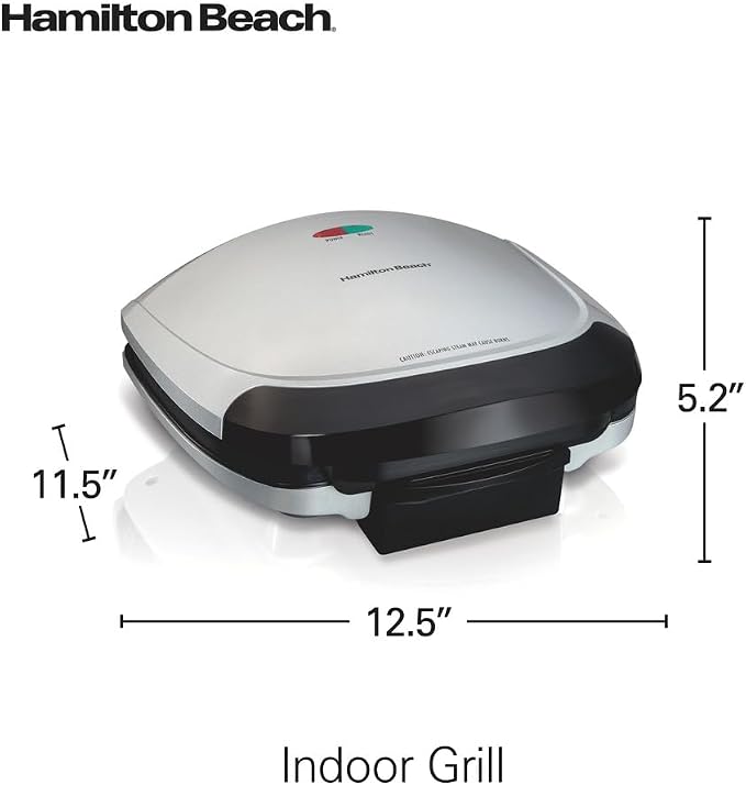 Hamilton Beach Electric Indoor Grill, 6-Serving, Large 90 sq. in. Nonstick Easy Clean Plates, Floating Hinge for Thicker Foods, 1200 Watts, 6.38"D x 12.68"W x 13.78"H, Silver (25371), (Pack of 2)