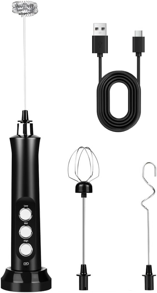 Rechargeable Milk Frother, Handheld Electric Mini Foam Maker with 3 Adjustable Speed for Coffee, Latte, Hot Chocolate, Portable Drink Mixer and Whisker