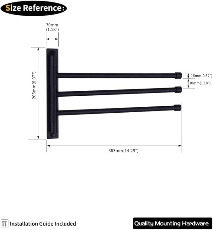 GERZWY Bath Towel Holder Swing Out Towel Bar SUS 304 Stainless Steel Bathroom Hand Towel Rack 3-Bar Folding Arm Swivel Hanger Wall Mount Matte Black HYG03-BK