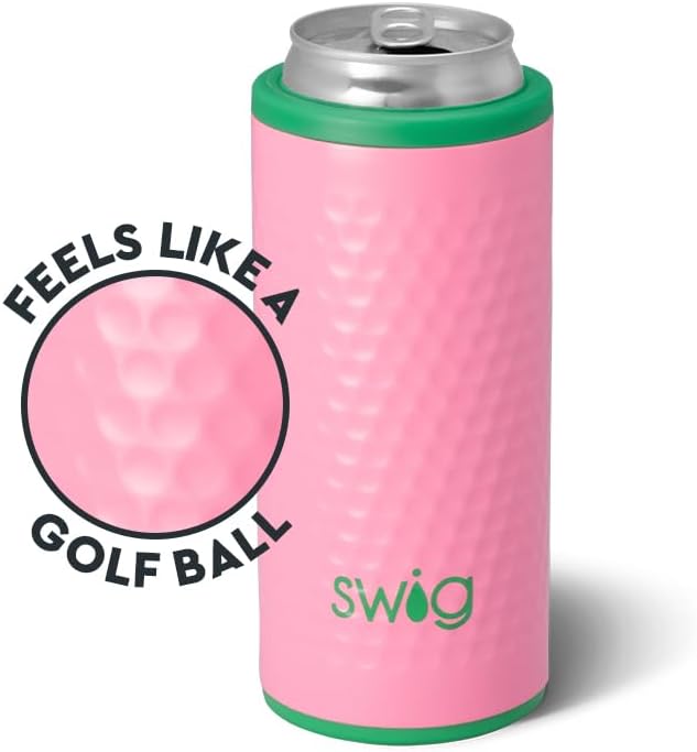 Swig Life Skinny Can Cooler, 12oz Insulated Slim Can Holder, Stainless Steel Cans Cooler, Covers for Tall Beer Bottles, Beach Accessories for Women (Azalea Golf Ball)