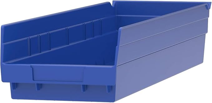 Akro-Mils 30164 Plastic Shelf Bins, Heavy Duty Storage Bins for Garage, Closet, and Drawer Organization, 24-Inch x 6-1/2-Inch x 4-Inch, Blue, 6-Pack
