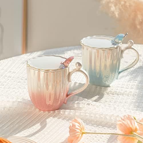 Pearl Ceramic Coffee Mug for Tea Latte Milk Cute Love Shape Cup for Home Office Women Gift 6.5 oz (Shell Blue, 420 ml)