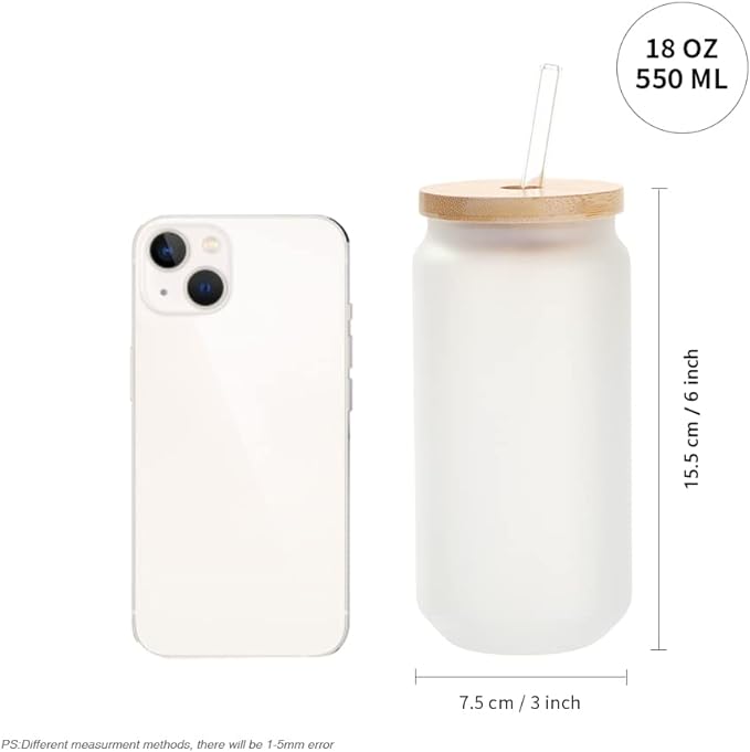 PYD Life 12 Pack Sublimation Glass Cans Blanks Frosted 18 OZ with Bamboo Lid and Clear Glass Straw Beer Cans Wide Mouth Jar Tumbler Cups Mugs for Iced Coffee,Juice,Soda,Drinks,Beer