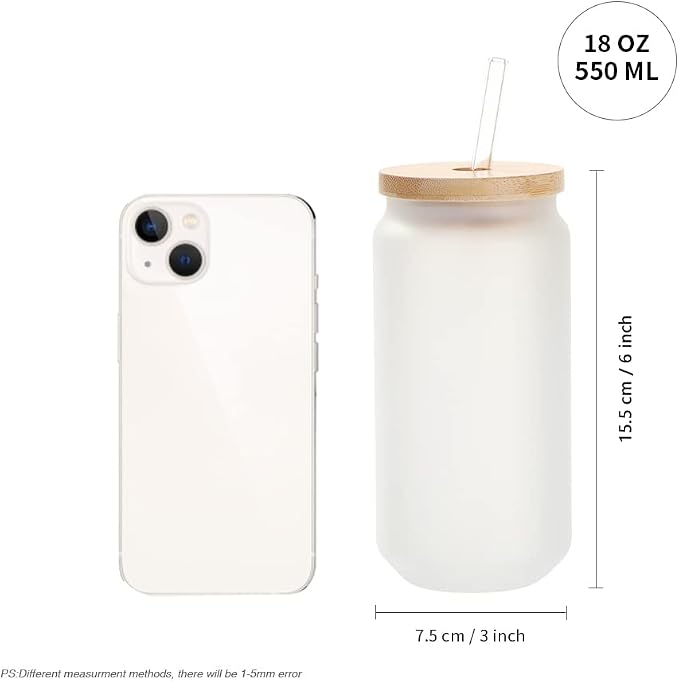 PYD Life Sublimation Glass Cans Blanks Frosted 18 OZ with Bamboo Lid and Clear Glass Straw Beer Cans Wide Mouth Jar Tumbler Cups Mugs for Iced Coffee,Juice,Soda,Drinks,Beer