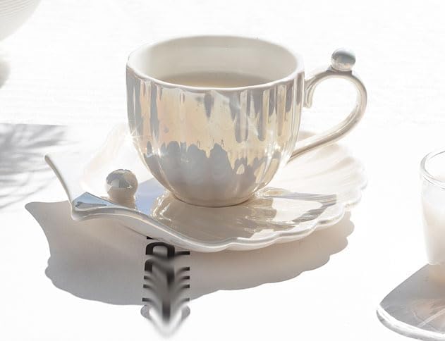 Pearl Shell Ceramic Coffee Mug with Coaster Set for Tea Latte Milk Cute Cup with Saucer for Home Office Women Gift 6.5 oz (Shell Gradient Blue, 240 ml)
