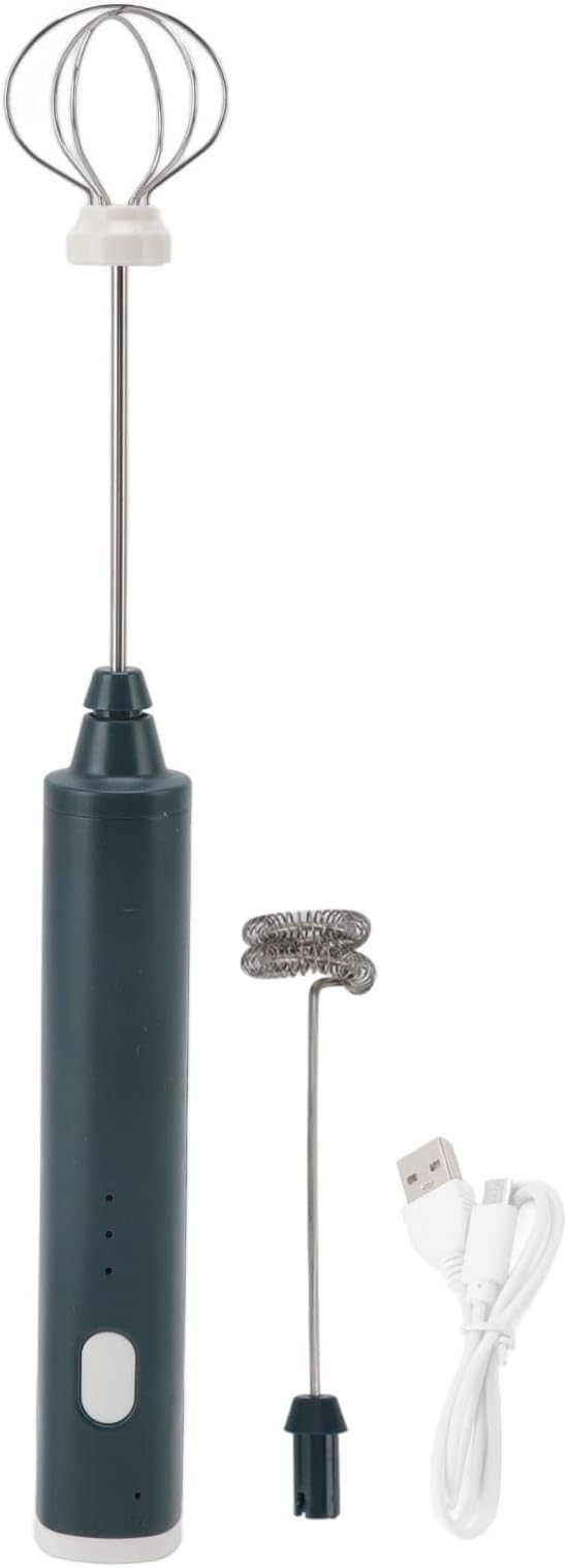 Mini Electric Stirrer Cordless Rechargeable Milk Frother 3 Speed Handheld Mixer Wand with 2 Eggbeater Heads for Coffee Home Kitchen Blackish Green