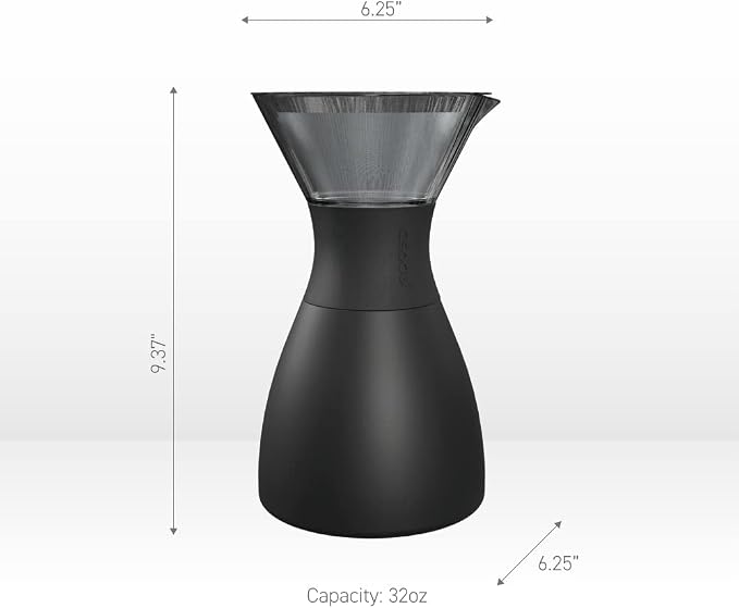 asobu Insulated Pour Over Coffee Maker (32 oz.) Double-Wall Vacuum, Stainless-Steel Filter and Take on the Go Carafe (Silver)