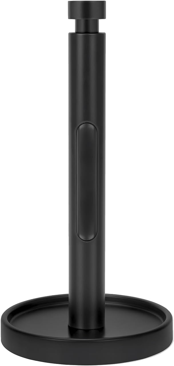 Ivilon Countertop Paper Towel Holder - Weighted Heavy Duty Steel Stand with Non-Slip Base for a Steady One-Handed One Sheet Tear - Fits All Rolls - Black