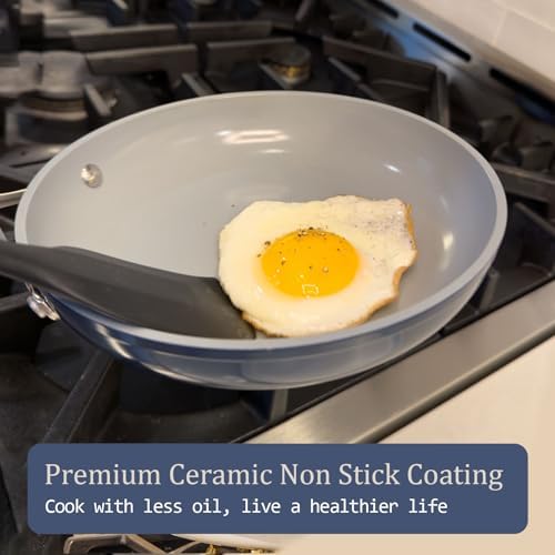 Healthy Ceramic Nonstick Cookware Set-11″ 4.5qt Non-Toxic Ceramic Sauté Pan w/ Lid & 10″ Nonstick Ceramic Frying Skillet, PTFE/PFOA/PFAS Free, Oven & Dishwasher Safe, All Cooktops Compatible, Even Hea