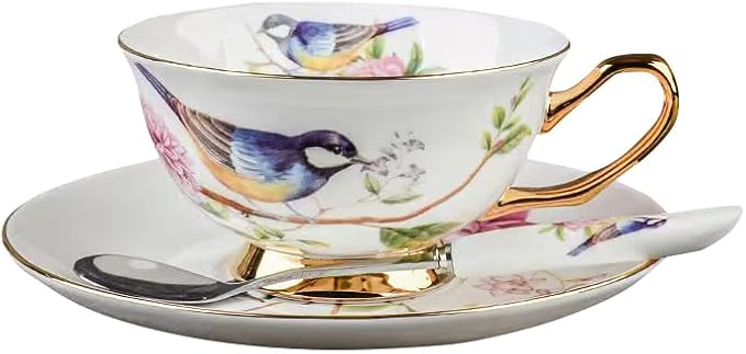 British Coffee Cup 3 Piece Set（6.8oz） Household Fashional Tea Cup with Saucer Spoon (white-magpie)