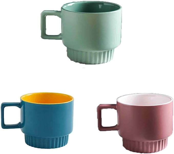 12OZ Stackable Coffee Mugs Set, Ceramic Coffee Cups with morandi color for Au Lait, Cappuccino,Latte,Cafe,Mocha,Tea, Suit Party Housewarming Wedding, Set of 3, Dishwasher&Microwave Safe(1)