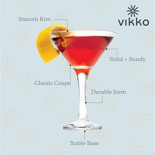 Vikko Martini Glasses Set of 4, 5.2 Ounce Cocktail Glasses with Stem, Elegant Cosmopolitan Glasses for Martinis and Cockatails, Dishwasher Safe, Durable Manhatten Glasses