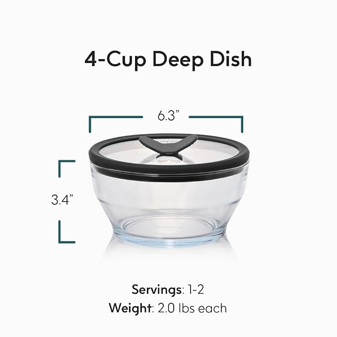 Anyday 4-Cup Glass Food Storage with Glass Lid, Round Deep Dish | Plastic-Free Meal Prep & Microwave Cookware | Stackable Airtight Storage Container with Vented Lid for Microwave-Safe Reheating