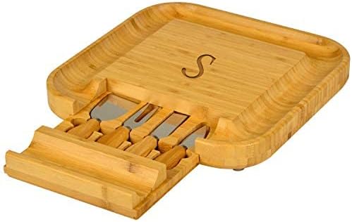 Picnic at Ascot Personalized Monogrammed Engraved Bamboo Cutting Board for Cheese & Charcuterie with Knife Set & Cheese Markers- Designed & Quality Checked in USA