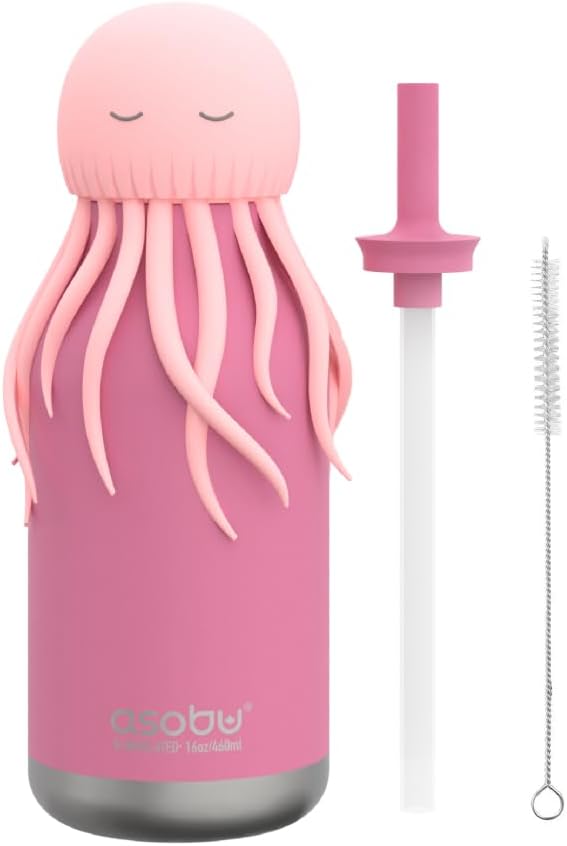 asobu Bestie Bottle Insulated Stainless Steel Water Bottle with Detachable Soft Animal Head Fun Drinking For Kids and Teens with Flexible Reusable Straw 16 Ounce