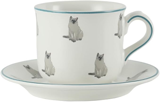 London Pottery Porcelain Coffee Cup with Saucer 220ml/7.4oz, British Teacup Set for Latte, Cappuccino, Espresso, Tea Party Wedding Birthday Housewarming Gift (Cat，Cup and Saucer, 220ml)