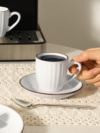 famiware Espresso Cups and Saucers Set of 4, 3 oz Ceramic Small Coffee Mug with Handle, Embossed Stoneware Demitasse Cup for Tea, Latte - Microwave & Dishwasher Safe - White Stripe