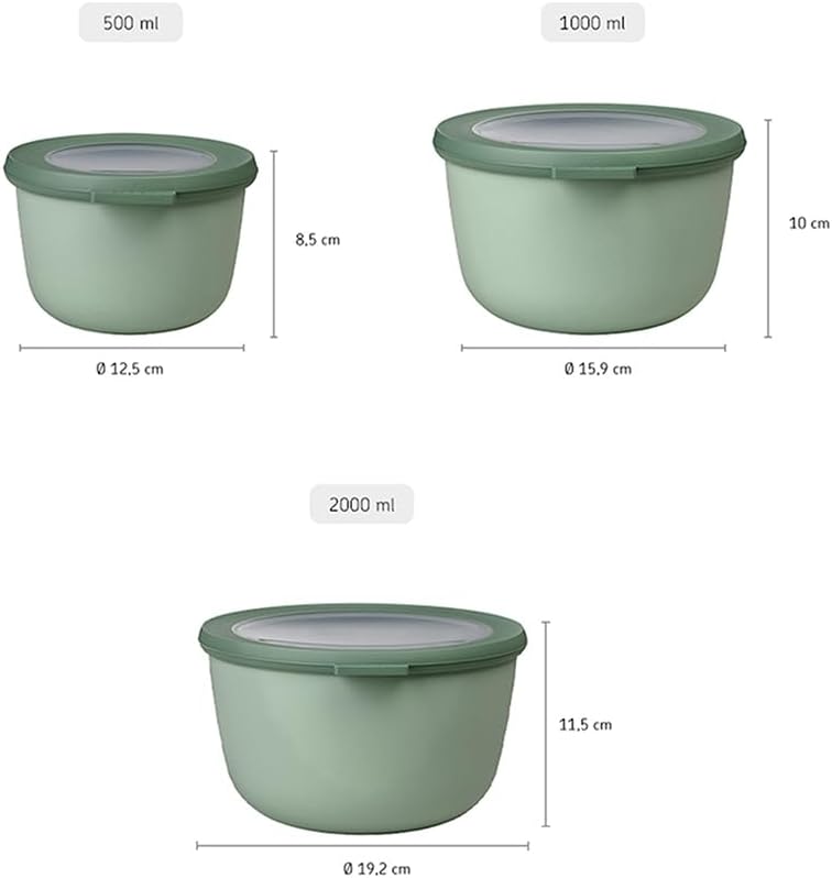 Mepal – Multi Bowl Cirqula 3-Piece Set – Food Storage Container with Lid - Suitable as Airtight Storage Box for Fridge & Freezer, Microwave Container & Servable Dish - 500, 1000, 2000ml - Nordic Sage