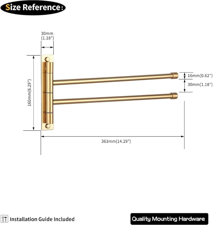 GERZWY Bathroom Swing Arm Towel Bars 2-Arm Wall Mount Stainless Steel Bath Towel Rack Hanger Towel Holder Organizer Gold Finished HYG02-BE