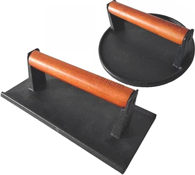 Firsgrill Burger Press 7.08" Round & 8.3”X4.3”Rectangle Heavy-Duty Cast Iron Smash Meat Steak with Wood Handle for Blackstone Camp Chef Pitboss Weber Treager Griddle (Round & Rectangle w Flat Bottom)