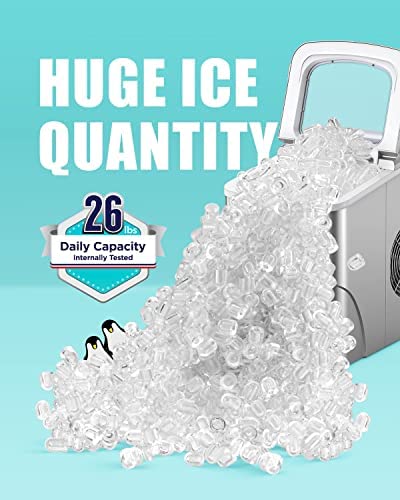 Ice Makers Countertop - Silonn Portable Ice Maker Machine for Countertop, Make 26 lbs Ice in 24 hrs, 2 Sizes of Bullet-Shaped Ice with Ice Scoop and Basket, Silver