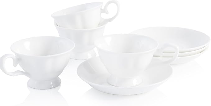 Fine Bone China Tea Cups and Saucers Set of 4, 4 Oz Vintage British Royal Style Espresso Coffee Cups for Afternoon Tea, Latte, Cappuccino, Elegant Gift