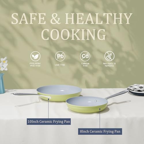 Healthy Ceramic Nonstick Cookware Set-11″ 4.5qt Non-Toxic Ceramic Sauté Pan w/ Lid & 10″ Nonstick Ceramic Frying Skillet, PTFE/PFOA/PFAS Free, Oven & Dishwasher Safe, All Cooktops Compatible, Even Hea
