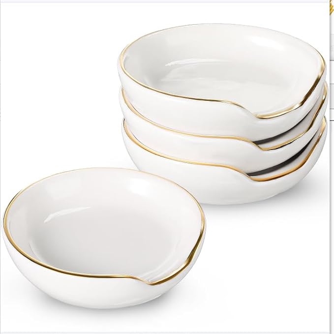 Boao 2.7 Inches Mini Ceramic Spoon Rests, Gold Rim Kitchen Spoon Rests, Mini Cooking Season Soup Holder for Stove Top Countertop, Teaspoon Rest, Coffee Stir Rest (white, 4 Pieces)