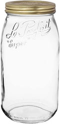 Le Parfait Eco-Friendly Zero Waste Wide Mouth Glass Jar with Airtight Screw Top Lid - Reusable French Storage Jar for Food, Soup, Flour, Sugar, Canning & Baking (3L/96oz, 1 Pack, Gold 2-Piece Lid)