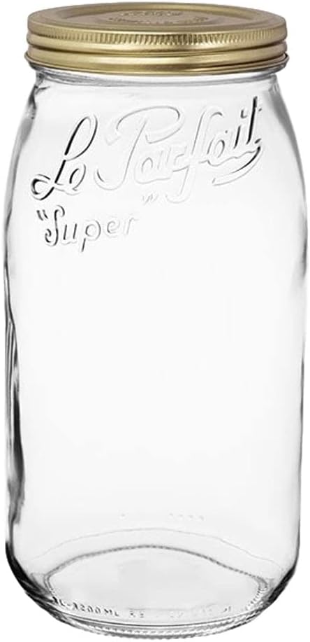 Le Parfait Eco-Friendly Zero Waste Wide Mouth Glass Jar with Airtight Screw Top Lid - Reusable French Storage Jar for Food, Soup, Flour, Sugar, Canning & Baking (3L/96oz, 1 Pack, Gold 2-Piece Lid)