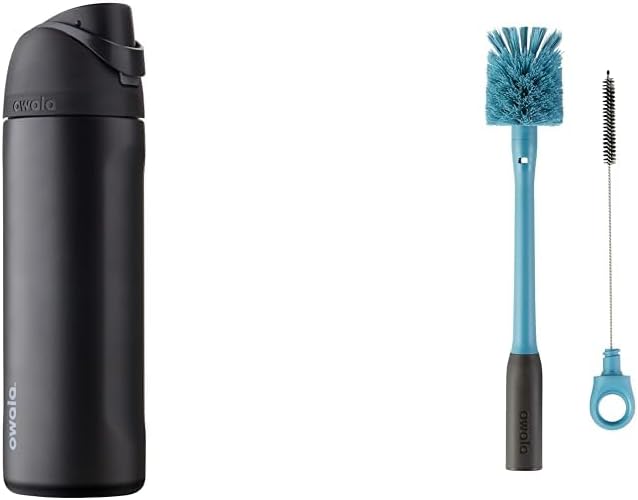 Owala FreeSip Insulated Stainless Steel Water Bottle with Straw for Sports and Travel, BPA-Free, 24-Ounce, Very, Very Dark & 2-in-1 Water Bottle and Straw Cleaning Brush, Smokey Blue