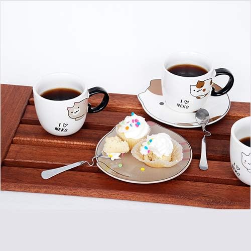 Ebros Pack Of 2 Crazy For Cats Maneki Neko Porcelain Coffee Tea Mug Cup 8oz With Saucer Tray And Notched Spoon Animal Pets Kittens Mugs Cups Kids And Adults Drinkware (Calico And White)