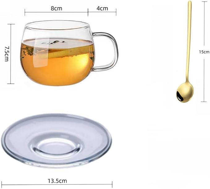 Glass Teacup and Saucer Set, Clear Coffee Mug and Saucer with Gold Stainless Steel Spoon, Teacups for Espresso Cappuccino Latte Tea Juice, 12OZ/350ml (Clear - 1 Pack)